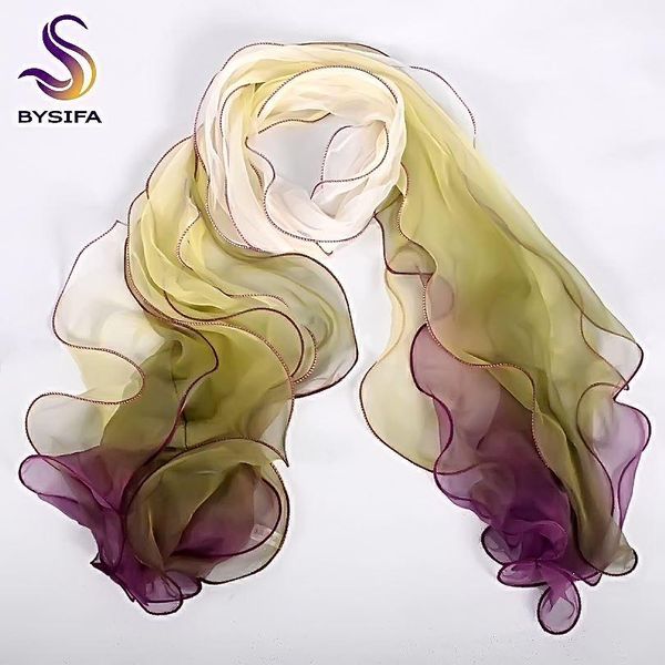 

bysifa] beige green purple gradient silk scarf ladies new three layers 100% silk long scarves elegant fungus edge magic scarf, Blue;gray