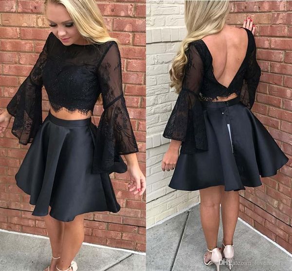 Sexy schwarzes Juliet-Abschlussballkleid mit langen Ärmeln und kurzem Juwelenausschnitt mit Pailletten und Perlen, zweiteiliges Satin-Party-Abschluss-Cocktailkleid