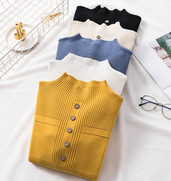 

women turtleneck pullovers slim 2019 casual long sleeve button knitted sweaters plus size soft sweaters plus size, White;black