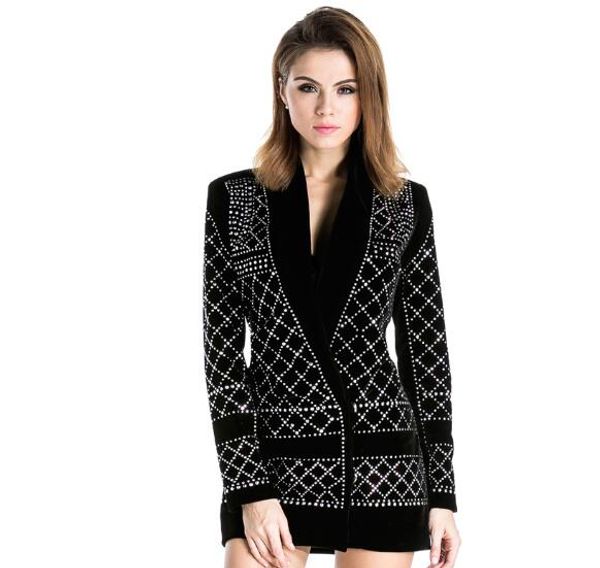 

v-neck long-sleeved geometric studded velvet blazer dress rhinestone long sleeve autumn winter dress coat, White;black