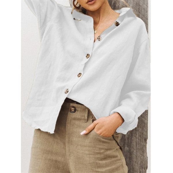 

women's casaul lapel long sleeve single-breasted loose shirt solid color, White