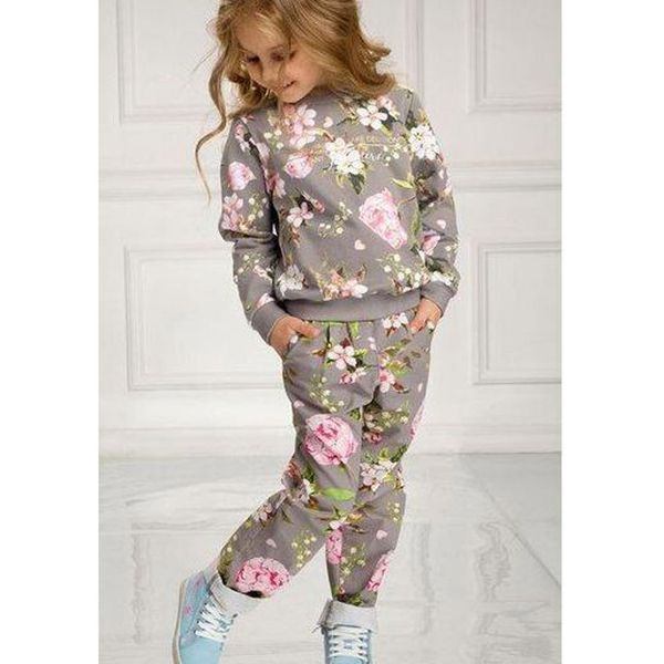 

infant child girls cotton floral clothing sets toddler kids baby girl long sleeve floral print sweatshirt pants outfits, White