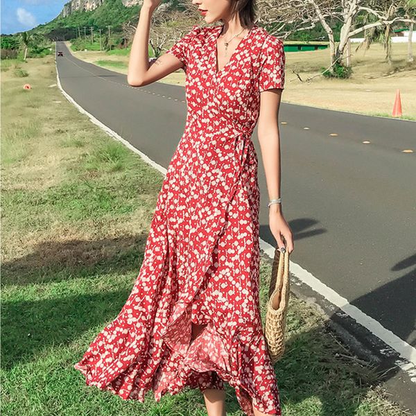 

flectit french women 80s vintage floral wrap dress high-low v-neck short sleeve high waist maxi long dress retro holiday *, Black;gray