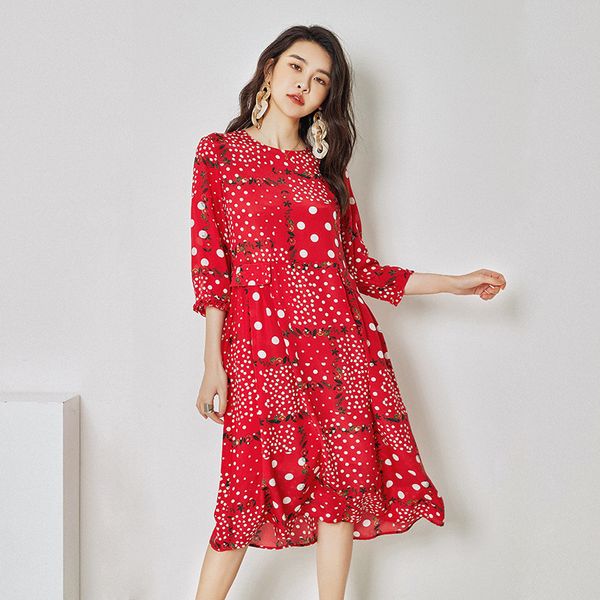 

rongtai] новое качество шелковое платье женщин в 2020 году летом красный горошек крепдешин однослойный шелковое платье, Black;gray