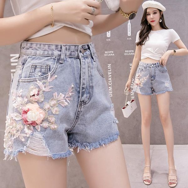 

women 2020 summer fashion high waist ripped hole tassel pearls beading denim shorts female casual loose flower jeans shorts y148, White;black