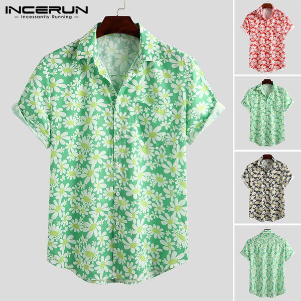 

incerun 2020 men's hawaiian shirt floral print breathable lapel camisa summer short sleeve beach streetwear casual blouse, White;black