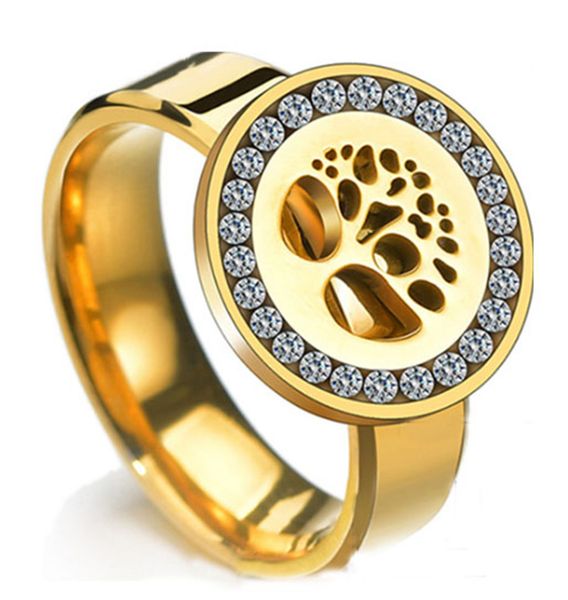 

fashion silver gold 316l stainless steel ring for women hollow design life tree ring crystal zircon punk jewelry femme bijoux, Slivery;golden