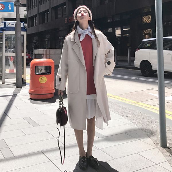 

casual turn-down collar women long winter wool blend coat wide-waisted wool coat and jacket single button outerwear, Black
