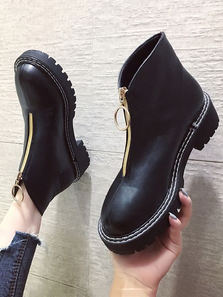 

women boots zipper fishion ankle boots women 2019 western leather low flat non-slip women's winter in ankle, Black