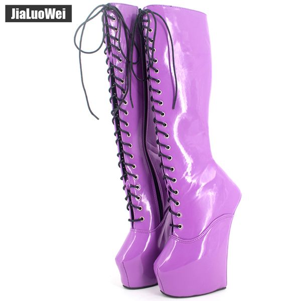 

jialuowei 20cm high heel + 5cm platform fetish knee high cross-tied heelless wedge horse ponying stallion hoof sole boots, Black