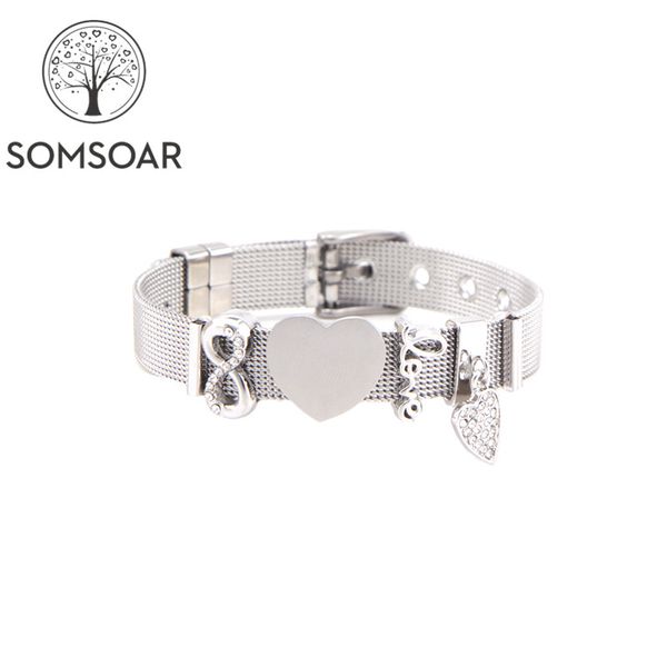 

dropshipping somsoar jewelry stainless steel heart slide charms mesh bracelet set can laser logo/name as personalized gift, Golden;silver