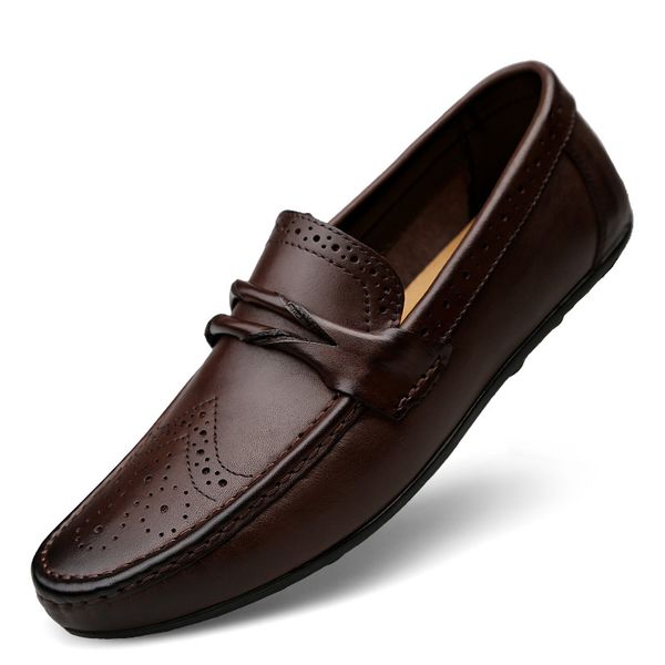 

men loafers shoes genuine leather casual sneakers male fashion carved boat footwear soft dress party shoes men chaussure homme, Black