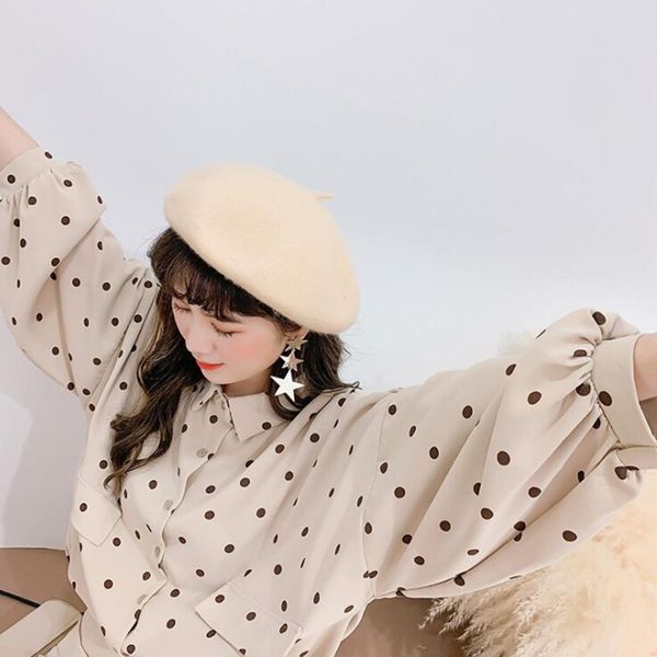 

korean style loose casual polka dot pattern blouse fashion sweet long-sleeved women's shirt, White