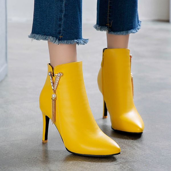 

fashion stiletto high heel boots yellow white crystal chains party wedding bride shoes plus size ankle boots winter, Black