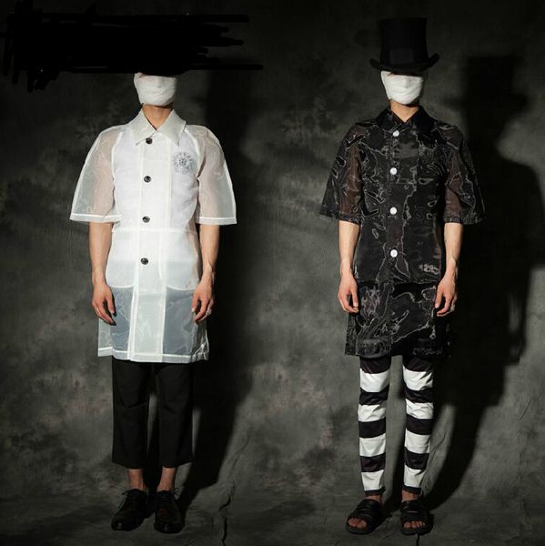 

summer men organza loose half sleeve perspective sunscreen long trench coat men stage clothing costumes s-2xl ing, Tan;black