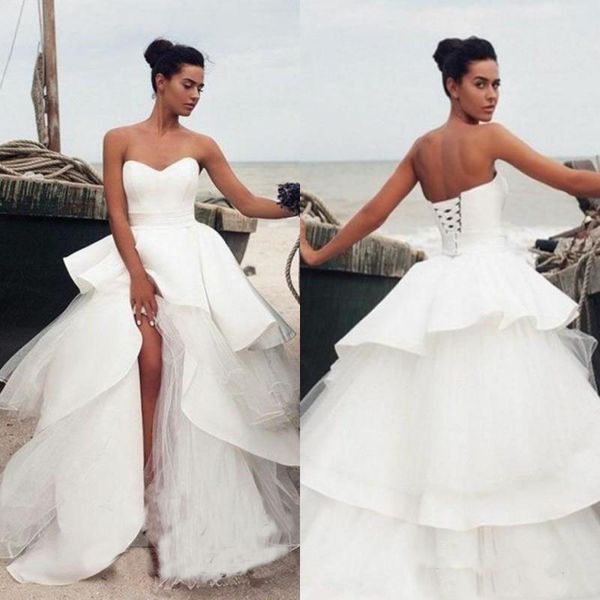 

New Arrival Tiered Ruffles A Line Wedding Dresses Women 2019 Front Split Sweetheart Neck Long Bridal Dresses Vestido De Noiva