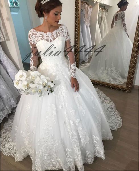 2019 manga longa laço vestidos de casamento botão de volta apliques mais recente venda quente colher pescoço de casamento nupcial vestidos de casamento