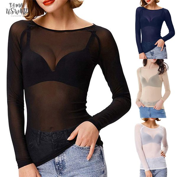 

mesh cap sleeve women t shirt see through stand neck long sleeve sheer shirt transparent ladies tee autumn winter, White