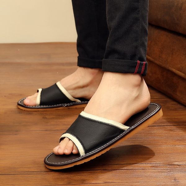 

women's summer home slippers soft genuine leather couple's indoor shoes solid anti-skip men's slipper, Black