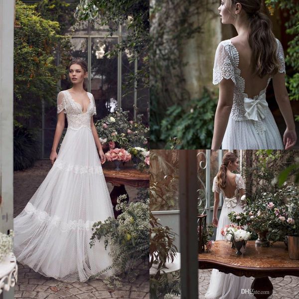 

asaf dadush 2019 wedding dresses bohemian v-neck short sleeve lace appliqued wedding dress a-line beach garden bridal gowns robe de mariee, White