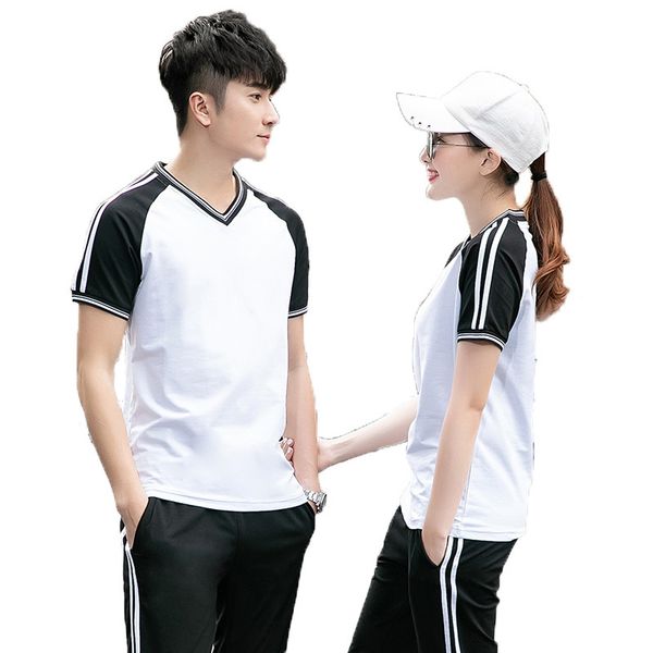 

men and womens v neck summer cotton outdoor running sport suits lovers sportwear 6-8, Black;blue
