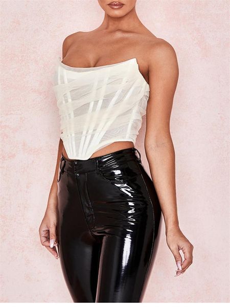 

camis casual panelled mesh camis womens clothing strpless v neck crop fashion natural color, White