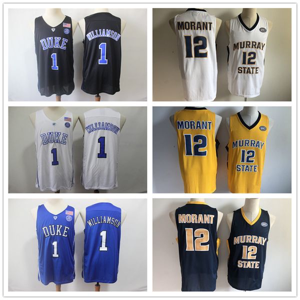 

ncaa # 1 сион уильямсон герцог голубые дьяволы # 12 джа морант мюррей государственный колледж баскетбол трикотажные изделия белый синий черн, Black