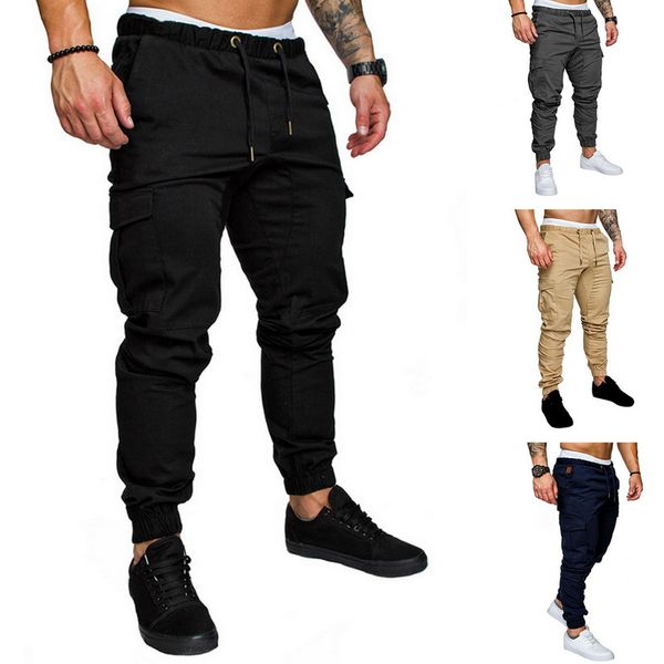 

men's pants elastic waist sweatpants hip hop joggers pants men multi-pocket, Black