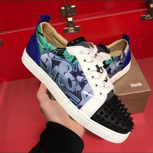 

brand-new low junior spikes red bottom sneakers shoes graffiti patent leather round-toe casual outdoor studs wedding party, Black