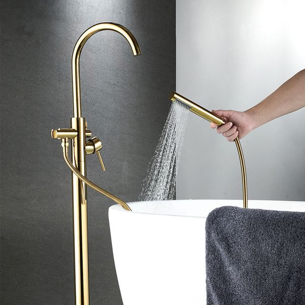 Badewannen-Wasserhahn, Messing, Gold, Bodenmontage, Badezimmer-Wasserhahn, schwenkbarer Auslauf, Einhand-Wannenfüller, Handbrause, Sprüh-Mischbatterie