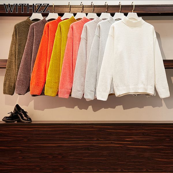 

withzz winter solid color stand collar loose velvet chenille sweater women's pullover sweater, White;black