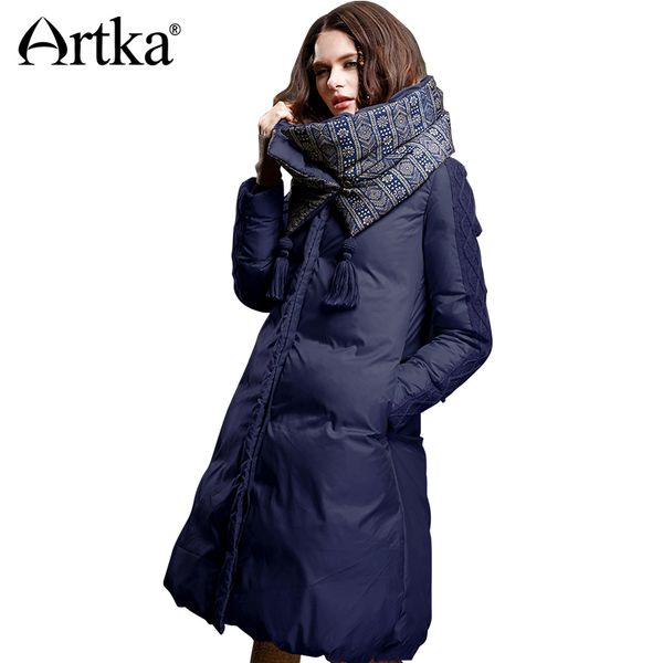 

artka winter jacket women 90% duck down coat 2018 warm parka female long down jacket quilted coat with removable scarf zk15357d, Black
