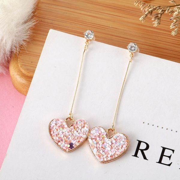 

korea small fresh pink sequin love earrings for women sweet crystal heart long earrings female jewelry oorbellen pendientes boho, Golden;silver