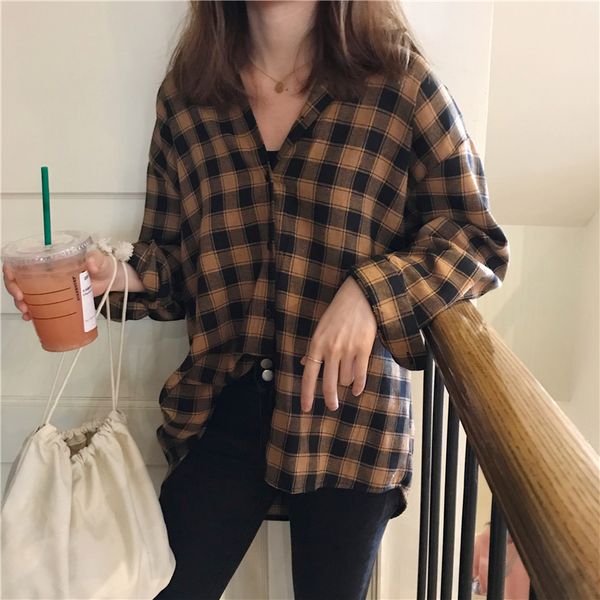 

single breasted contrast lapels plaid shirt women's shirts kawaii ulzzang sweet female ulzzang harajuku lovely punk for women, White