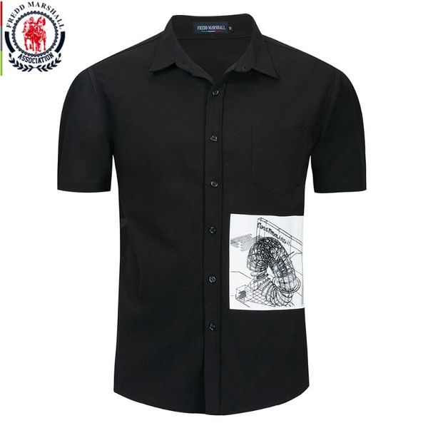 

fredd marshall 2020 summer new casual patchwork printed shirt men short sleeve 100% cotton fashion slim solid pocket shirt 55903, White;black