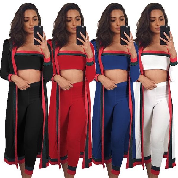 

striped three piece set women full sleeve long outwear two piece mini strapless and pants overall set plus size spring clothing s-3xl, White
