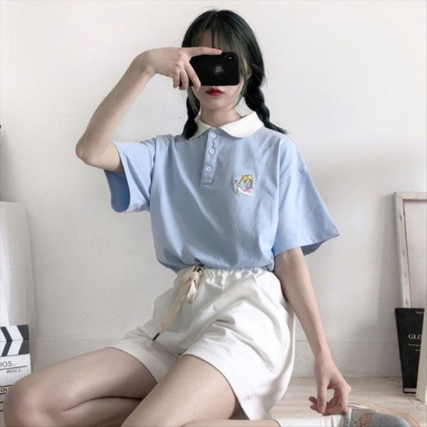 

en ni homemade cute milk blue/pink/white soft girl cute cartoon t-shirt embroidery beautiful girl embroidery t-shirt polo duan xiu