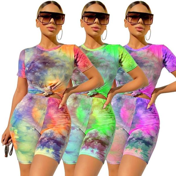 

casual tie dye women tracksuit suit fashion summer short sleeve tshirt and shorts matching sets for women outfits two piece set, White