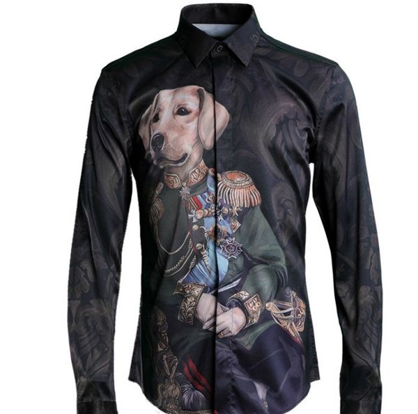 

new high-grade lucky dog printing washable men's shirts thin slim fit single breasted orignial design microelastic, White;black