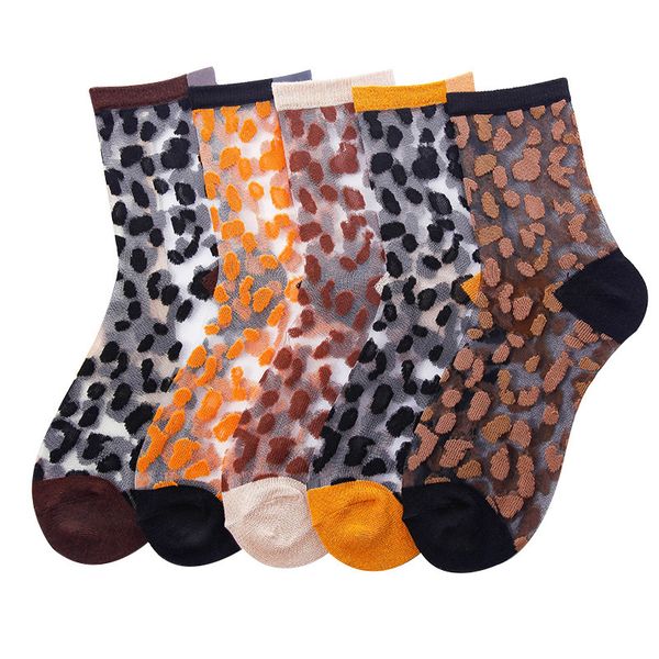 

crystal woman summer socks wild breathable mesh tube socks leopard ladies glass socks female, Black;white