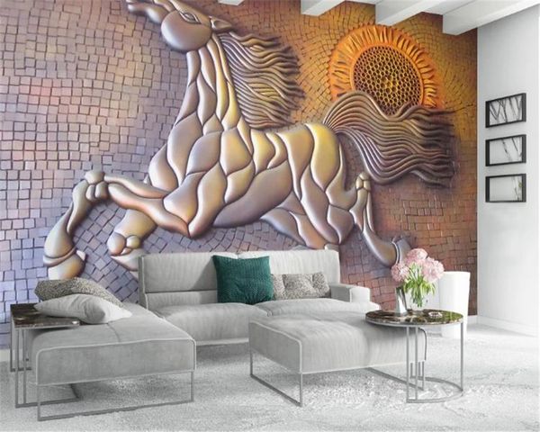 

custom 3d wallpaper creative 3d three-dimensional golden embossed galloping horse background wall moisture-proof wall paper