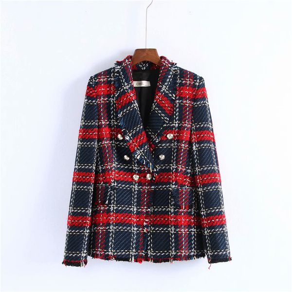 

2020 women vintage tweed red plaid blazer double breasted tassel suit soft wool office jacket coat spring autumn lady outerwear, White;black