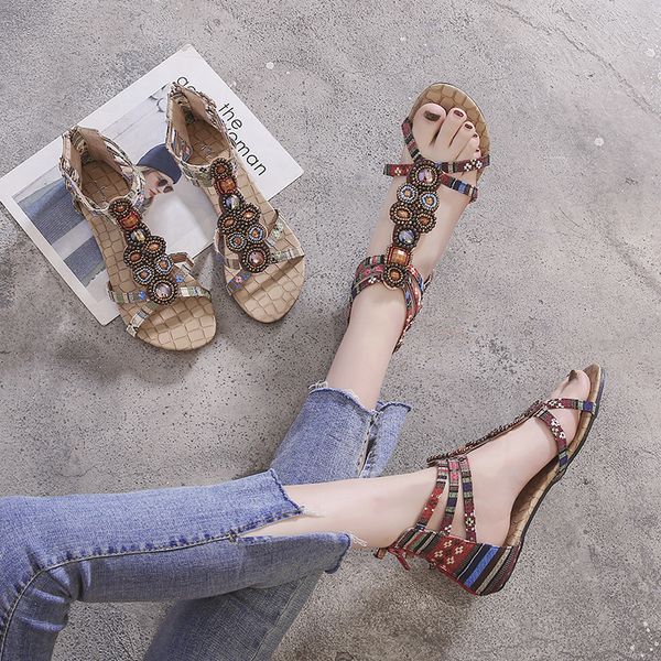 

2020 summer sandals women's fashion casual wild beaded national wind bohemian women's shoes summer new mixed colors cover heel, Black