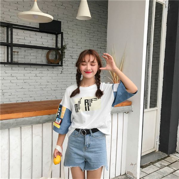 

2019 spring and summer new women harajuku denim stitching wild half sleeve printed loose casual t-shirt student shirt, White