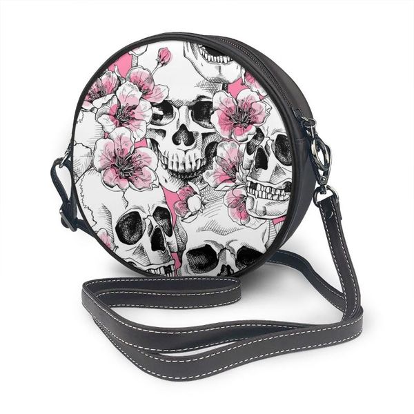 

2020 women shoulder bags girls round bags skull and pink cherry flowers women's casual messenger crossbody