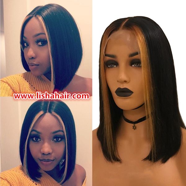 Straight Short Bob Lace Front Wig 27 Honey Blonde Highlight With