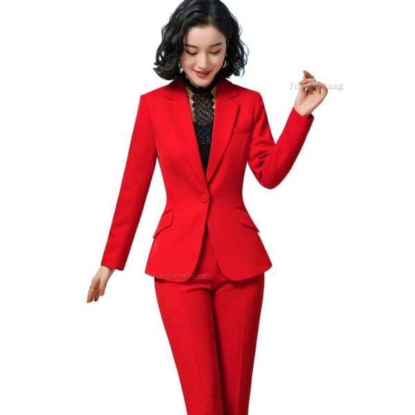 

red dark blue black women pant suit for office lady two pieces set size s-4xl formal work career blazer coat with pant set suit, White;black