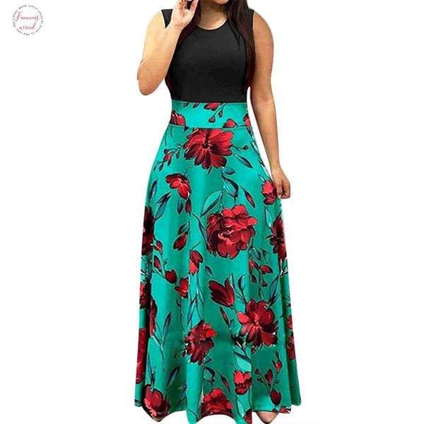 

2020 new summer women dress elegant sleeveless floral printed sundress casual swing party maxi sundress 9031942, Black;gray
