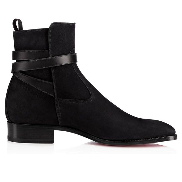 

perfect men's winter fashion boots red bottom kicko ankle boot black genuine leather with square heel man boots gift
