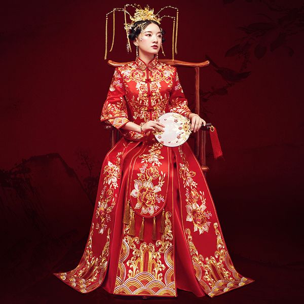 

chinese classic qipao oriental style women marriage suit traditional suzhou embroidery cheongsam vintage asian bride dress, Red